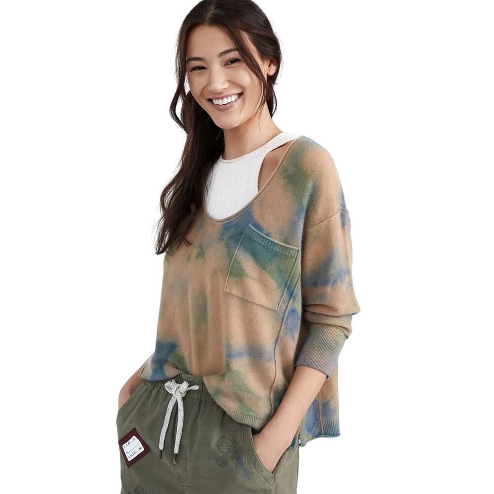 Anthropologie Pilcro 100% Cashmere Sweater M Boxy 3/4 Sleeve Granola Tie Dye